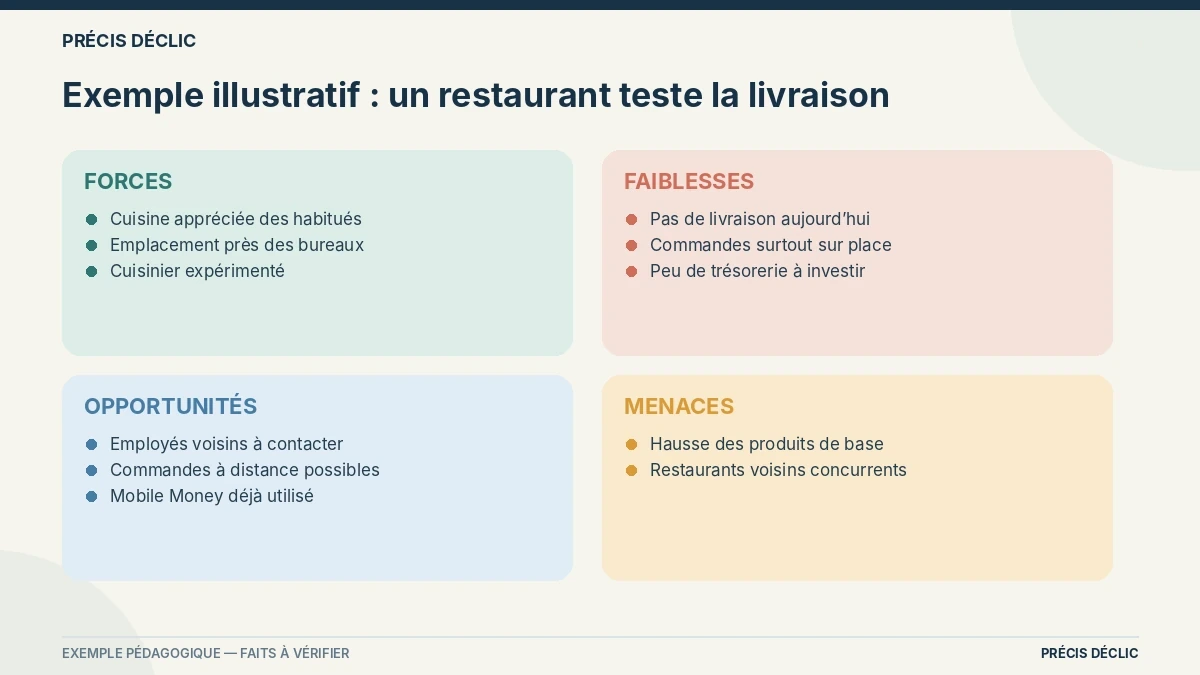 Grille SWOT remplie pour un petit restaurant de quartier envisageant la livraison.