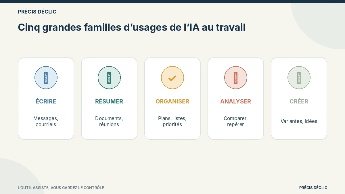 Schéma de cinq familles d’usages de l’IA au travail : écrire, résumer, organiser, analyser, créer.