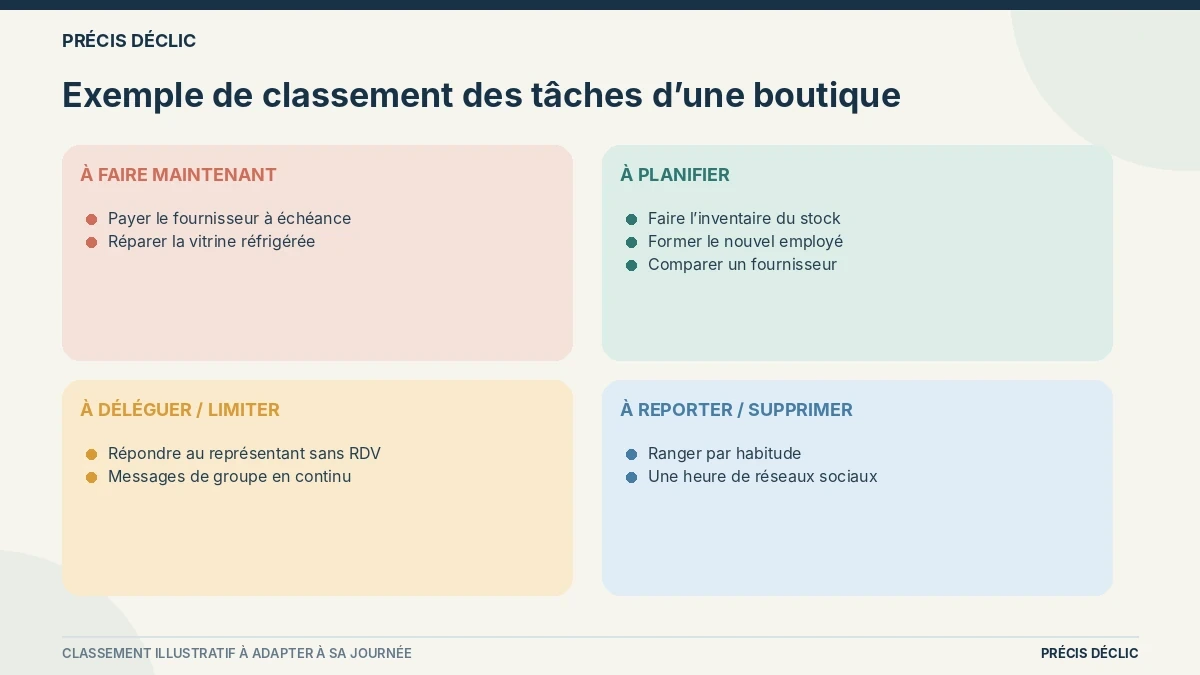 Matrice d’Eisenhower remplie avec les tâches d’un gérant de boutique.