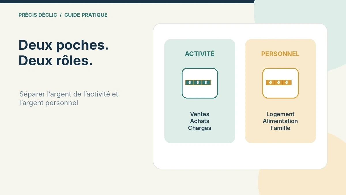 Illustration d’une commerçante séparant deux enveloppes, l’une pour l’activité, l’autre pour la famille.