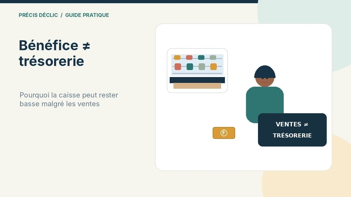 Illustration d’un commerçant devant une caisse presque vide malgré un comptoir bien rempli.