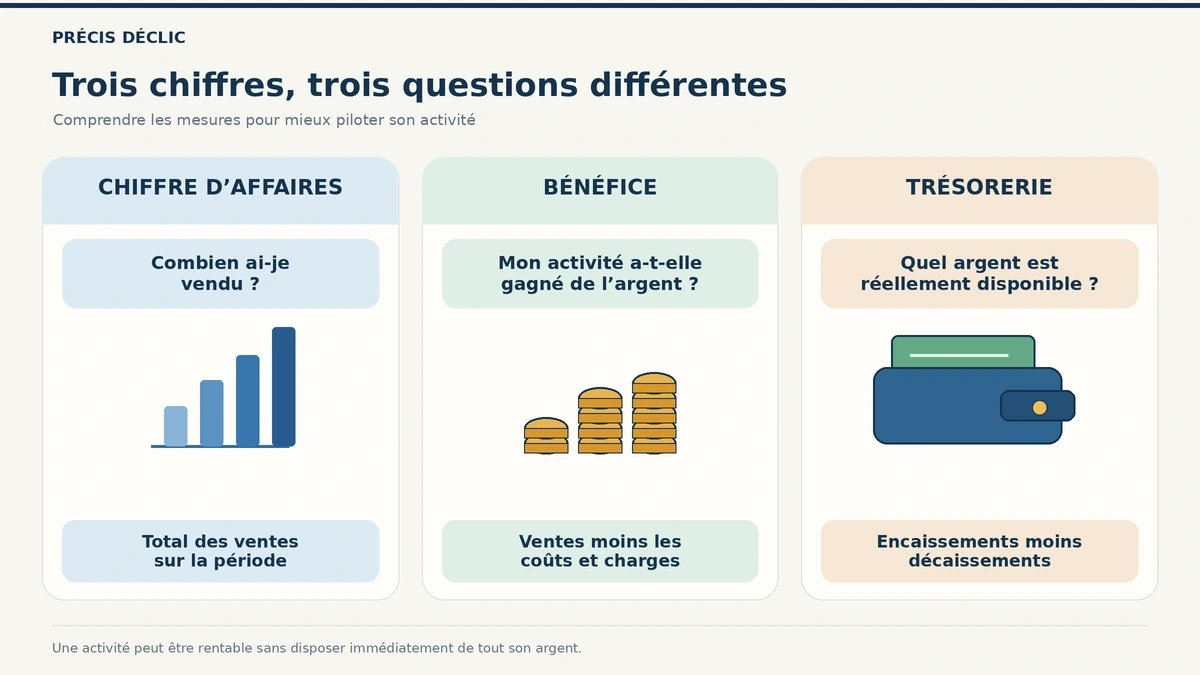 Schéma distinguant le chiffre d’affaires, le bénéfice et la trésorerie.