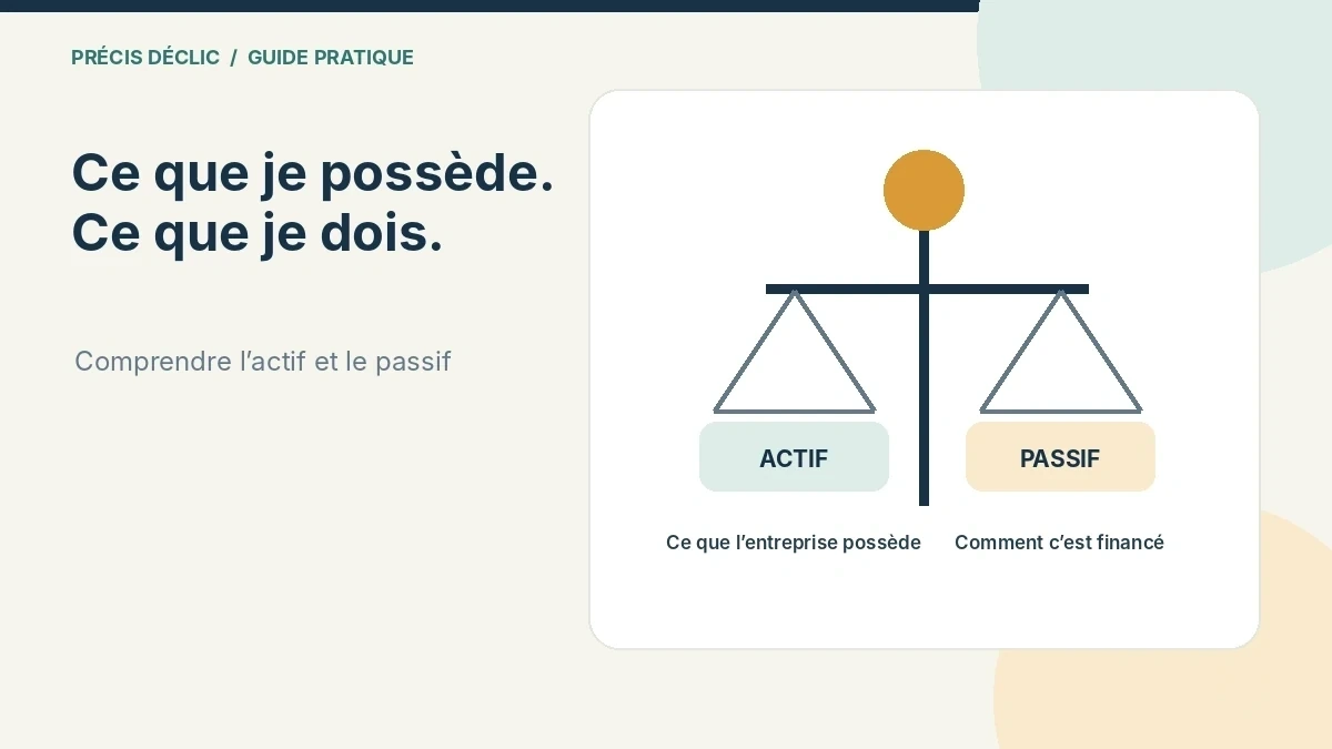Illustration d’une balance à deux plateaux : ce que l’entreprise possède d’un côté, ce qu’elle doit et ce qui revient au propriétaire de l’autre.
